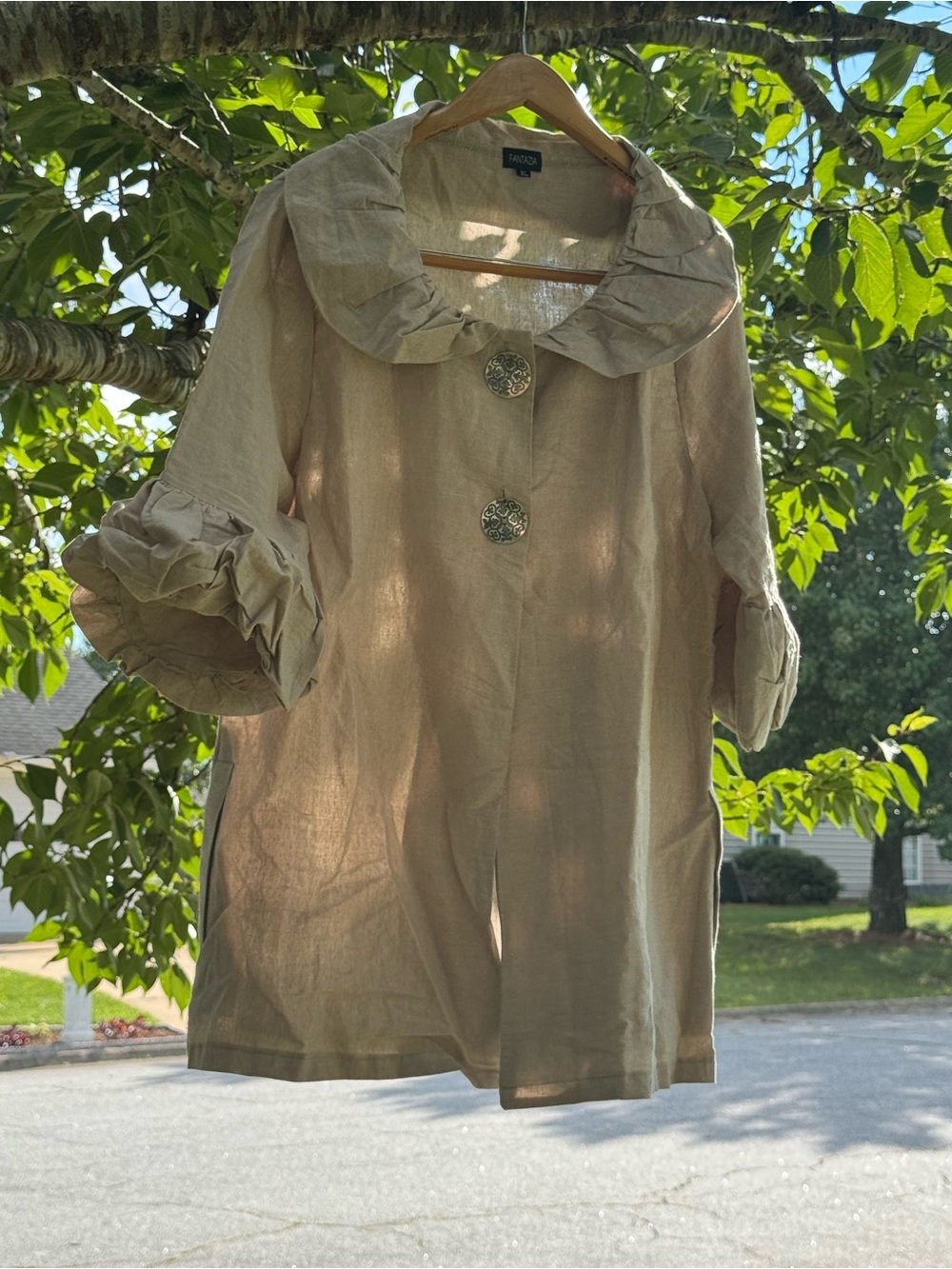 Ellen Tracy Tan Ruffle-Collar Button Front Tunic